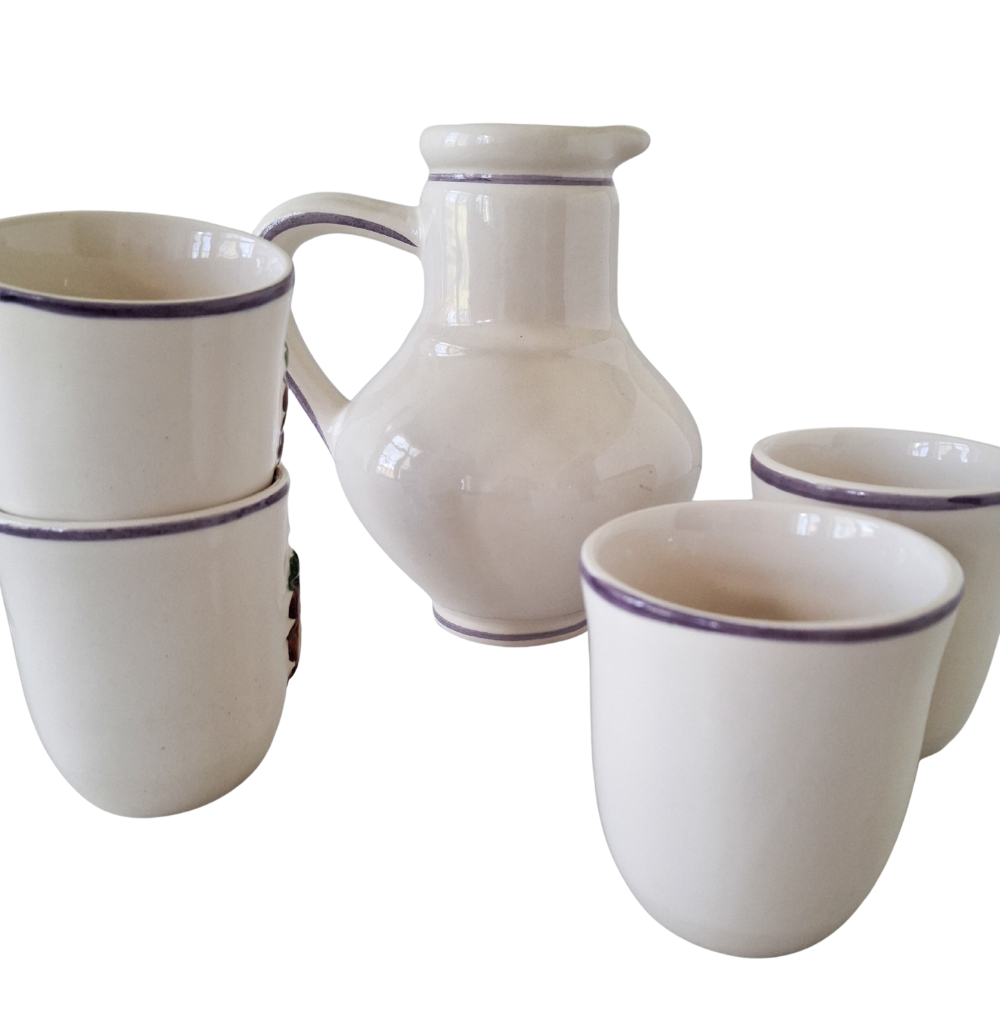 Handpainted ceramic wine pitcher with 4 cups from Alcobaça, Portugal