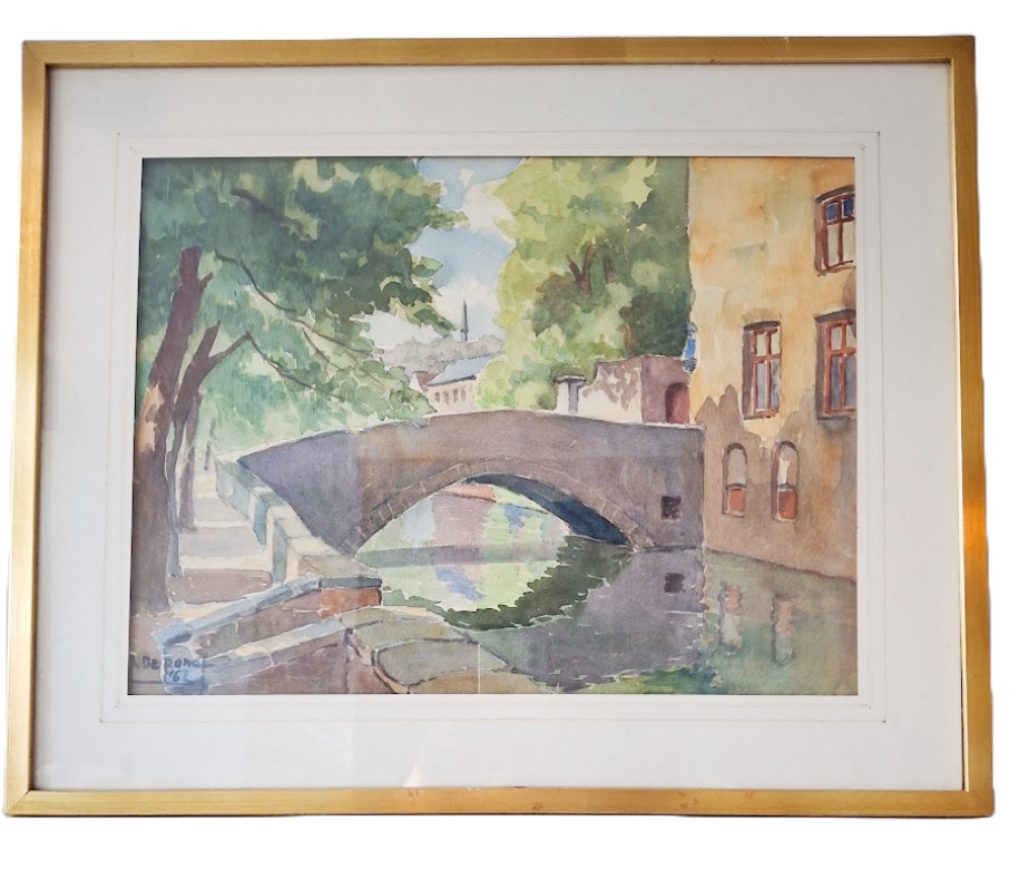 Watercolor painting by Nand Depondt from 1962, depicting Bruges in Belgium