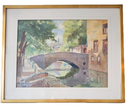 Watercolor painting by Nand Depondt from 1962, depicting Bruges in Belgium