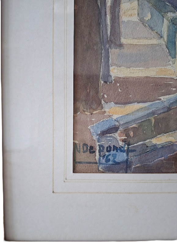 Watercolor painting by Nand Depondt from 1962, depicting Bruges in Belgium