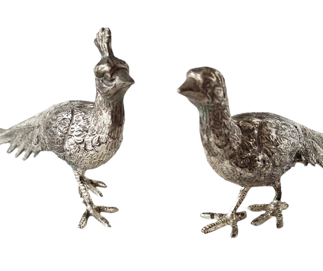 Pair of decorative peacocks in silverplated nickel, vintage