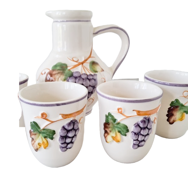 Handpainted ceramic wine pitcher with 4 cups from Alcobaça, Portugal