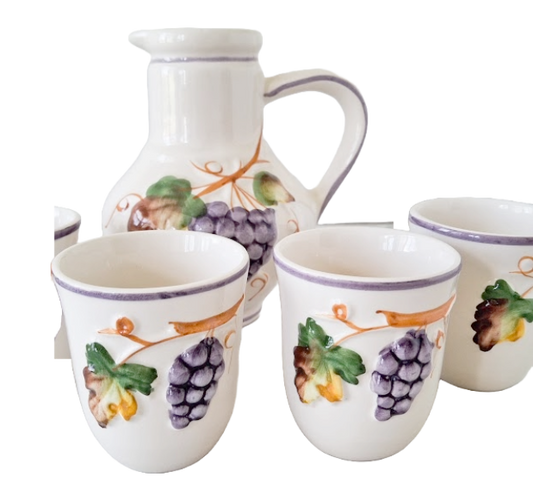 Handpainted ceramic wine pitcher with 4 cups from Alcobaça, Portugal