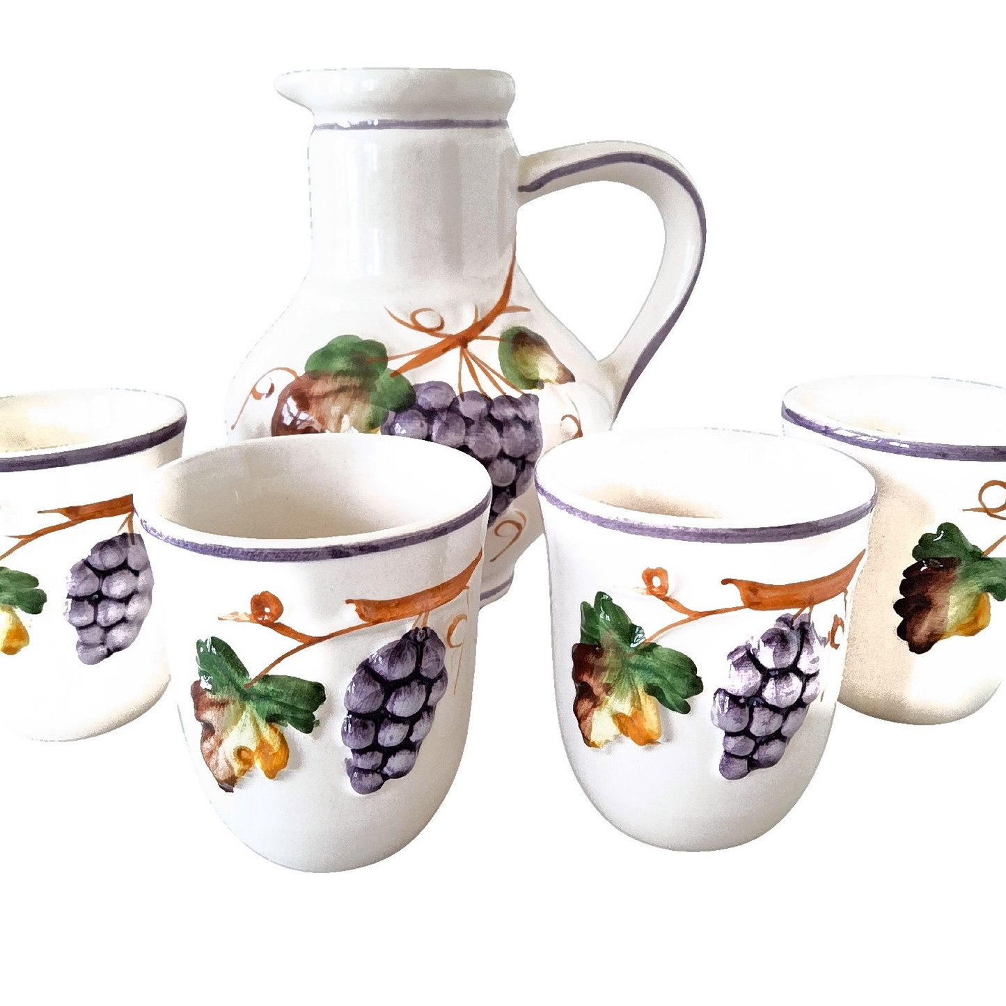 Handpainted ceramic wine pitcher with 4 cups from Alcobaça, Portugal