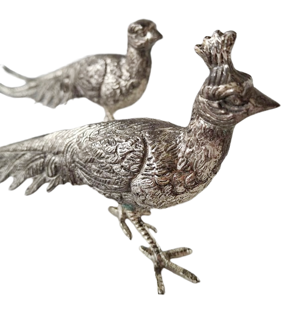Pair of decorative peacocks in silverplated nickel, vintage