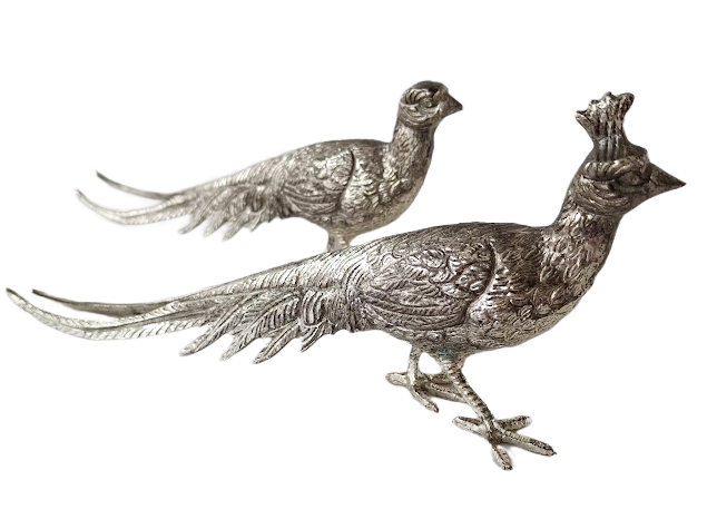 Pair of decorative peacocks in silverplated nickel, vintage