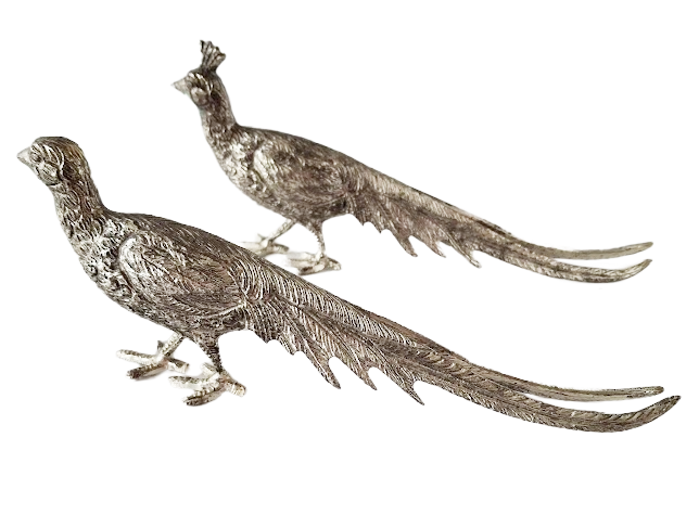 Pair of decorative peacocks in silverplated nickel, vintage