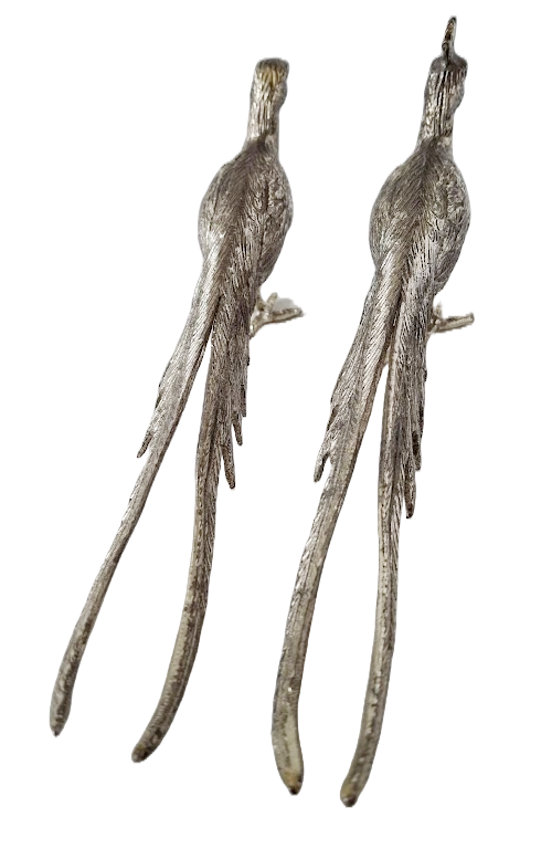 Pair of decorative peacocks in silverplated nickel, vintage