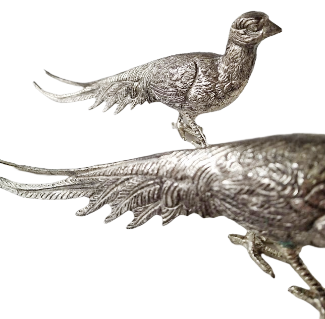 Pair of decorative peacocks in silverplated nickel, vintage